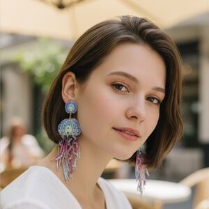 Beaded Jellyfish Statement Earrings Multicolor Fringe Fish Hook J23